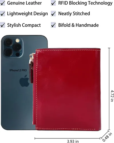 Vista 4 de AINIMOER - Cartera de piel con bloqueo RFID para mujer, tamaño pequeño, compacta, doble zíper, con ventana para identificación