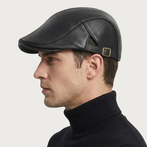 Vista 6 de Gorra plana de piel de cabra para hombre, correa ajustable que se adapta a 22.4-23.6 pulgadas, gorra de conducción negra, gorra de periódico