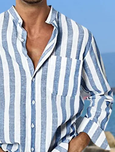 Vista 4 de Camisas de lino de manga larga con cuello de banda y botones para hombre
