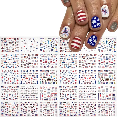 Vista 6 de 30 hojas de calcomanías de uñas del 4 de julio para arte de uñas, Día de la Independencia, calcomanías de arte en 3D, autoadhesivas, bandera