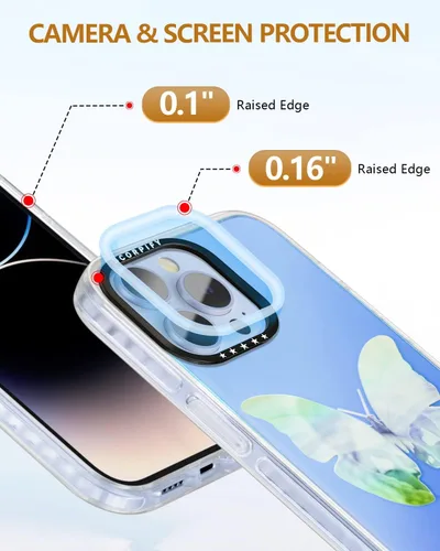 Vista 4 de SCORPIFY Funda para iPhone 14 Pro Max con diseño iridiscente de mariposa azul, bonita funda transparente para mujeres y niñas