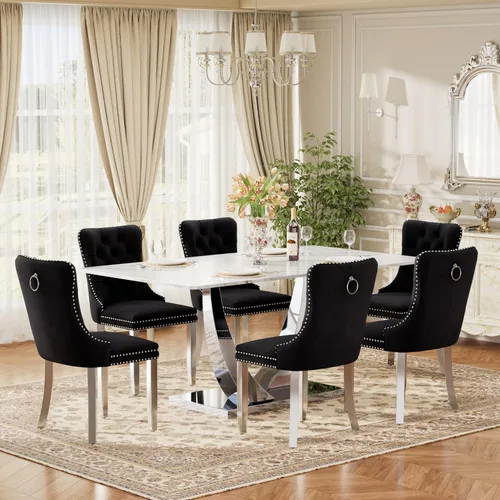 Vista 10 de Juego de mesa de comedor de cristal moderno de mediados de siglo para 4, 63 pulgadas, juego de comedor rectangular grande de lujo con parte superior