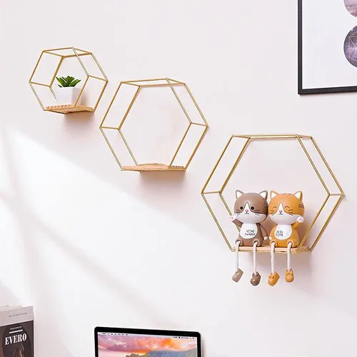 Vista 8 de Juego de 3 estantes flotantes hexagonales montados en la pared, modernos estantes de metal para colgar en la pared, estantes rústicos de baño