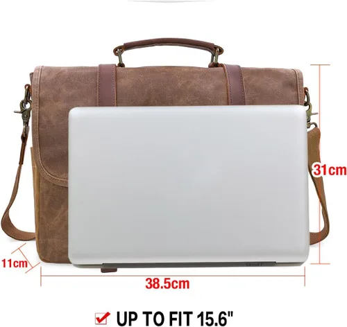 Vista 7 de Bolso mensajero para hombre de 15.6 pulgadas, impermeable, de cuero auténtico, encerado, maletín de lona grande, bolso de hombro de cuero resistente