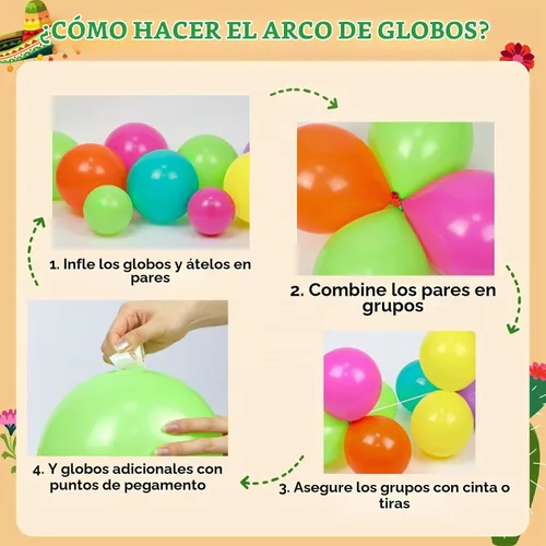 Vista 3 de Kit de guirnalda de globos de fiesta mexicana de 158 piezas con globos de aluminio amarillo, rosa intenso, lima, verde, naranja, morado, verde