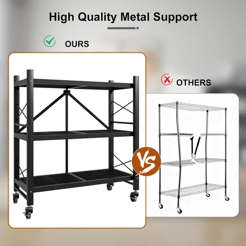 Vista 5 de Grezone Estantes plegables de 3 niveles de almacenamiento de metal resistente con ruedas – No se ensambla unidad de estantería plegable para cocina