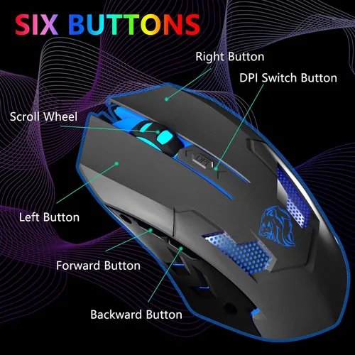 Vista 2 de FUWANG Ratón para juegos con cable, mouse USB para computadora con retroiluminación RGB, sensor óptico de 7200 DPI, mouse ergonómico para gamer