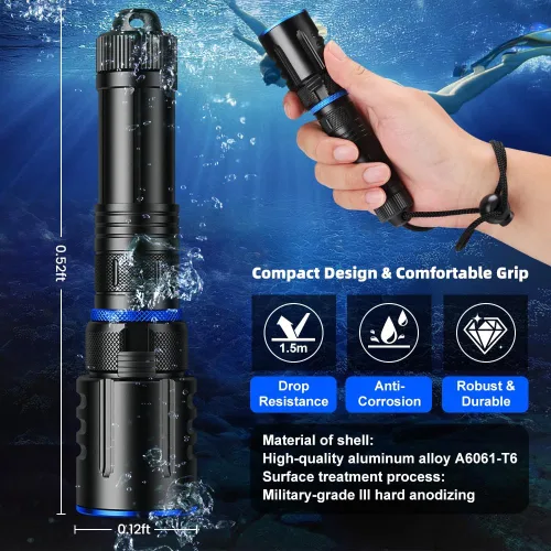 Vista 3 de Linterna de buceo recargable, luz LED de 1000 lúmenes con carga USB-C 1000 lumen underwater LED flashlight with USB-C, aluminum body and
