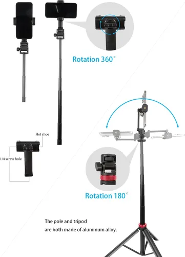 Vista 5 de Trípode de palo selfie expandible de 81" para Insta360 Luna Ultra y Osmo Pocket 3 Soporte para teléfono de 4.7-7", trípode de 81", para Insta360