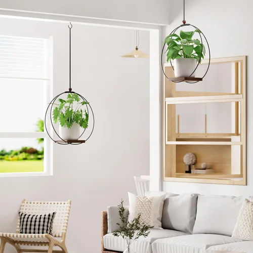 Vista 9 de Juego de 2 macetas colgantes para plantas de interior: colgador de plantas de macramé con base de madera resistente, decoración de pared, techo