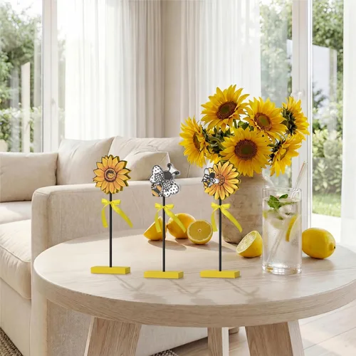 Vista 7 de Smile - 3 piezas de decoración de madera para interiores, estilo de abeja de girasol, centros de mesa de verano para el hogar, cocina, exhibición
