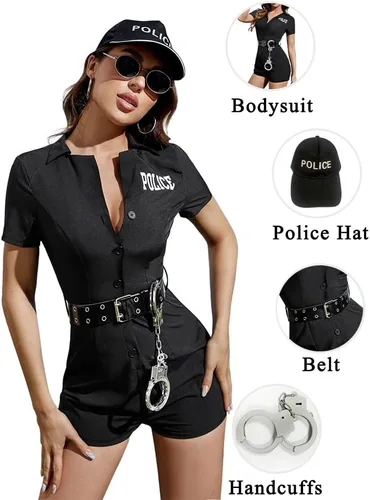 Vista 5 de Women's Police Uniform 4pcs Adult Halloween Policewoman Cosplay Outfit Sexy Cop Costumes for Women