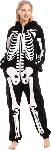 Vista 3 de Spooktacular Creations Disfraz de esqueleto Pijama unisex para adultos con capucha de felpa para Halloween y fiestas temáticas
