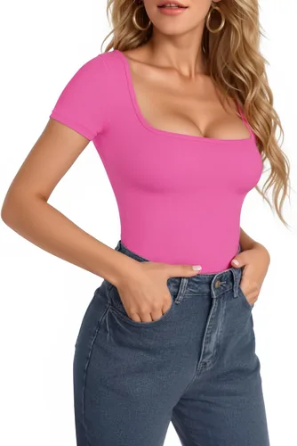 Vista 157 de MANGOPOP - Body de manga corta con cuello cuadrado para mujer