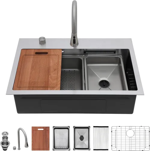 Vista 2 de Sarlai - Fregadero de cocina de cascada de 31 pulgadas, de montaje superior - 31x20 Fregadero de cocina con borde y estación de trabajo, de acero
