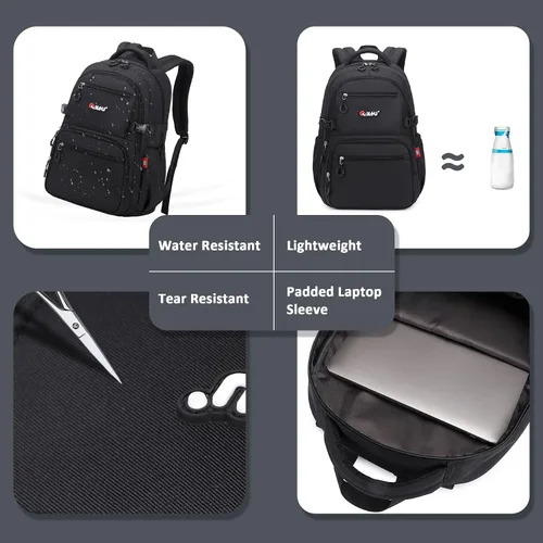 Vista 6 de ASKSKY Mochila para la escuela, mochila ligera para niños y niñas, mochila escolar para adolescentes, para hombres y mujeres, Negro -, Mochilas