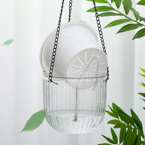 Vista 5 de Meanplan 4 macetas colgantes de riego automático para interiores de 6.5 pulgadas, cestas colgantes para plantas al aire libre, maceta de plástico