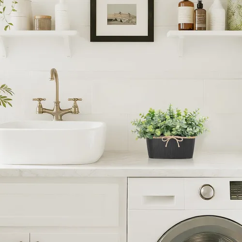 Vista 6 de Dahey Plantas artificiales de eucalipto en maceta para interiores, plantas falsas para decoración del hogar estilo granja, macetas de cerámica