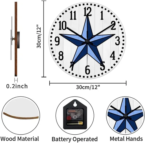 Vista 2 de Reloj de pared vintage de estilo rústico con estrella de Texas occidental, reloj de madera, silencioso sin tictac, funciona con pilas, para sala