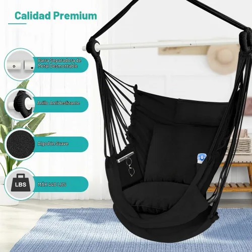 Vista 4 de Outerman Silla tipo hamaca, silla colgante con 3 cojines y soporte para los pies, barra separadora de metal resistente con un máximo de 500 libras