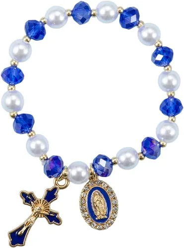 Vista 10 de Pulsera elástica de Virgen María con dije de cruz – Cristal de perlas multicolor con cuentas de joyería religiosa católica para mujer, regalo