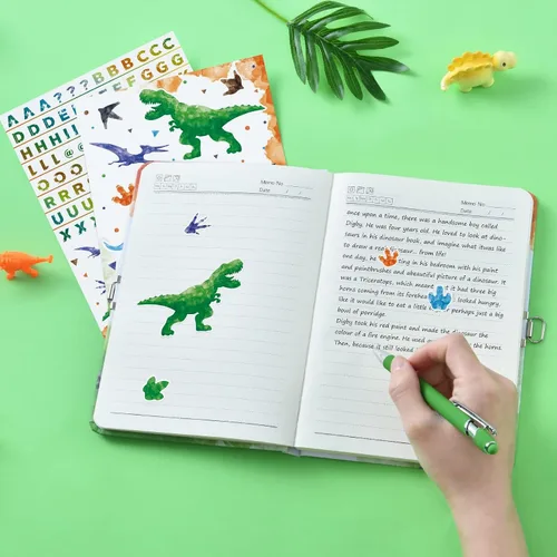 Vista 3 de WERNNSAI Diario Luminoso de Dinosaurio para Niños, Diario Secreto con Llaves de Cerradura, Cuaderno con Bolígrafo y Calcomanías, Regalo