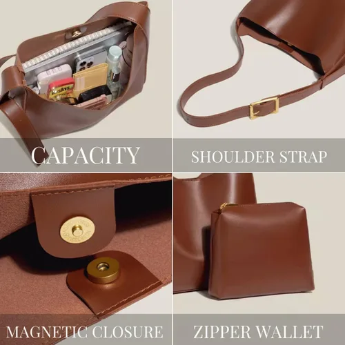 Vista 4 de Bolso bandolera de piel sintética para mujer, bolsos cruzados de diseño para mujer, bolso de mano vegano grande retro con cartera