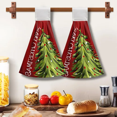 Vista 9 de Toallas de cocina colgantes con diseño de árbol de Navidad, color rojo y verde, toalla de mano de Navidad con lazo para colgar, toallas de cocina