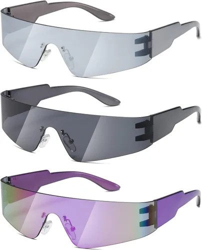 Vista 9 de MASDUN Gafas de sol envolventes futuristas sin montura para mujeres y hombres, Cyberpunk Visera, lentes de sol a la moda