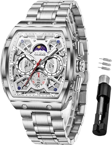 Vista 11 de OLEVS Watch Men Big Square Face Chronograph Stainless Steel Dress Watch Todo negro