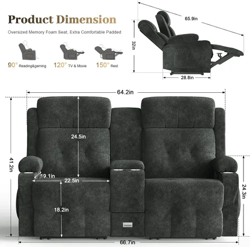 Vista 134 de Sofá de Dos Plazas Reclinable, Sofá Reclinable de Masaje con Gran Capacidad de Peso, Silla de Dos Plazas para RV en Liquidación con Consola, USB