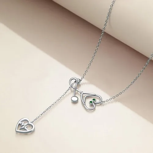 Vista 2 de Yfn Collar con dije de estetoscopio, con diseño del caduceo médico, de plata esterlina, de 18.0 pulgadas