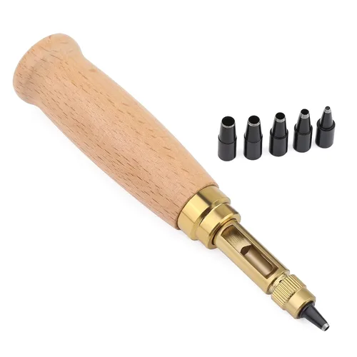Vista 9 de Mnuizu Perforadora japonesa ajustable, 6 tamaños de punta perforadora de cuero ajustable, mango de madera, agujero para cinturón, herramienta