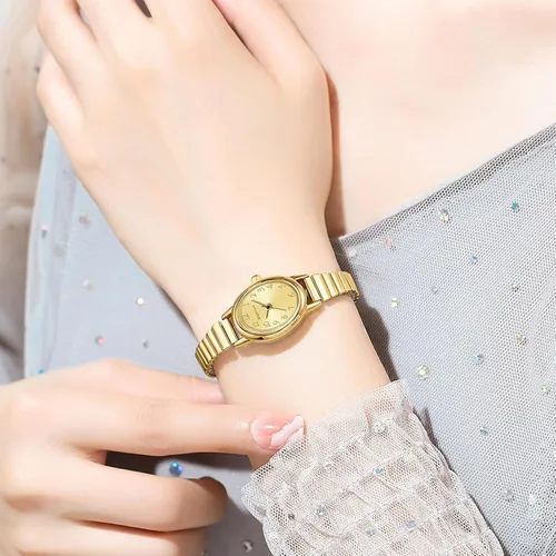 Vista 6 de BOFAN Relojes pequeños de oro para mujer, relojes de pulsera de cuarzo de fácil lectura con banda de expansión de acero inoxidable, resistente al