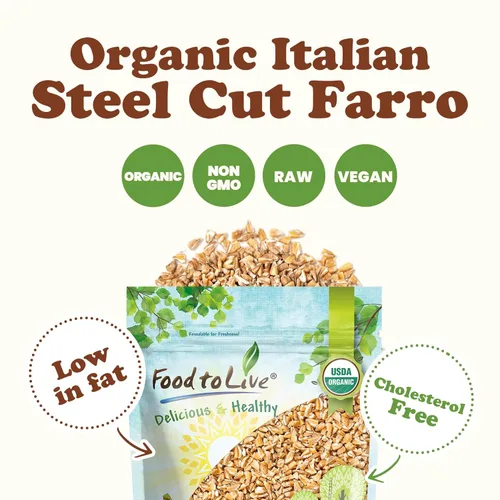 Vista 5 de Food to Live Farro orgánico de corte de acero italiano – Sin OMG, grano de trigo perlado agrietado, no irradiado, vegano, a granel. Fácil