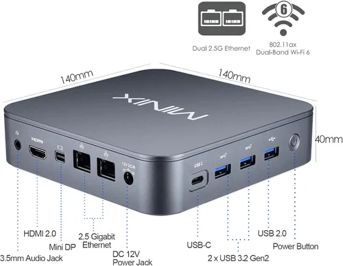 Vista 2 de MINIX Mini computadora NEO J51-C8, 8GB/256GB PCIe NVMe SSD Mini PC de aluminio [Wi-Fi6/Dual 2.5GB LAN/USB-C (datos/pantalla/12V DC)/pantalla