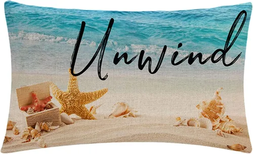 Vista 4 de Juego de 4 fundas de almohada de playa de verano con estrellas de mar y océano azul, rectangular, fundas de cojín de cintura con temática náutica