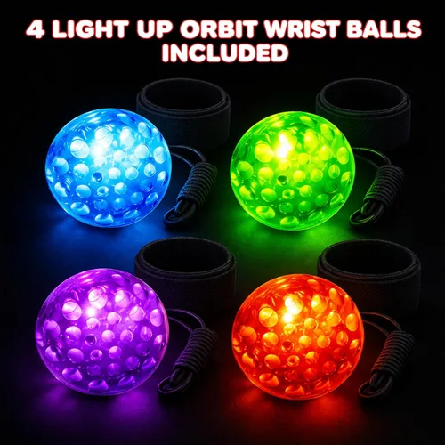 Vista 2 de ArtCreativity Bolas de muñeca de órbita iluminadas, juego de 4, bolas iluminadas con luces intermitentes y cuerda elástica, juguete de bola órbita