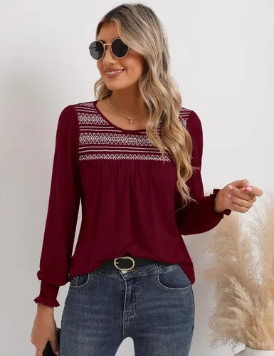 Vista 4 de LOMON Blusas de verano para mujer, de manga corta, estilo bohemio, bordado, informal, de algodón