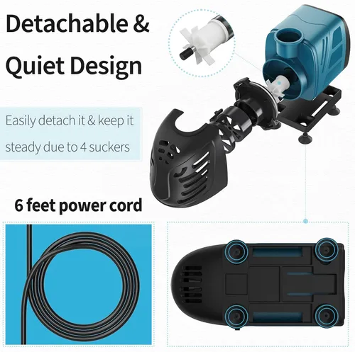 Vista 4 de Uniclife Bomba de agua sumergible y en línea de 400 GPH para acuario, 30 W, 6 pies de altura, CA de 120 V, silenciosa, ajustable, bomba de retorno