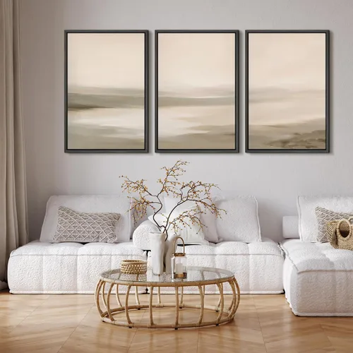 Vista 370 de SIGNFORD - Set de obras de arte en lienzo enmarcado para pared, ilustraciones abstractas de neblina del desierto en tonos neutros beige y marrón