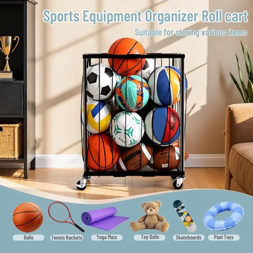 Vista 4 de TomCare Estante de almacenamiento rodante para pelotas de garaje, soporte de baloncesto de gran capacidad con cuerda elástica