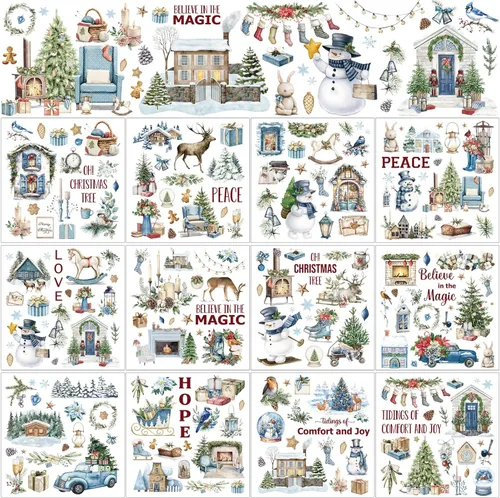 Vista 16 de BBTO 12 hojas de transferencia de Navidad para manualidades y muebles, calcomanías de transferencia de Navidad, calcomanías de invierno para madera