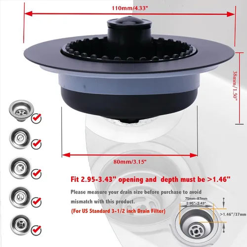 Vista 3 de Colador de drenaje para fregadero de cocina 3 en 1, tapón de fregadero desplegable de acero inoxidable 304, tapón de drenaje antiobstrucción, Negro