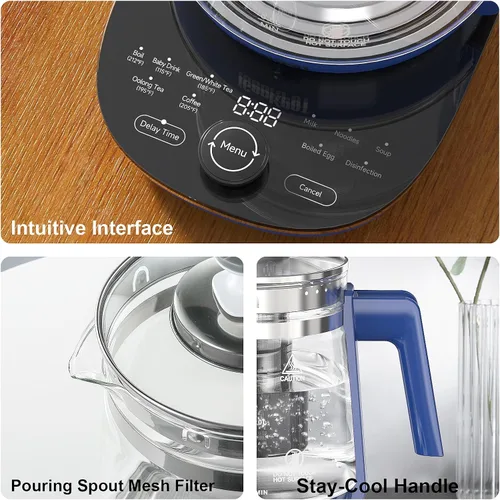 Vista 12 de Hervidor eléctrico, 1.5 L, vidrio borosilicato, hervidor de agua caliente eléctrico y tetera para café o té, sin BPA, apagado automático, acero Azul