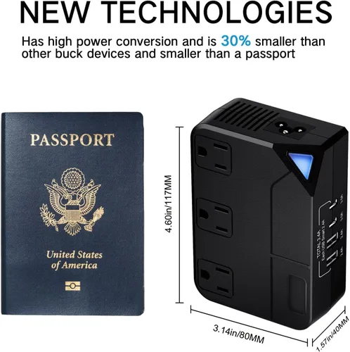 Vista 5 de Convertidor de viaje universal de 100 V-220 V, convertidor de voltaje de 250 W con 2 puertos de carga USB y 2 puertos de carga USB-C y 3 enchufes