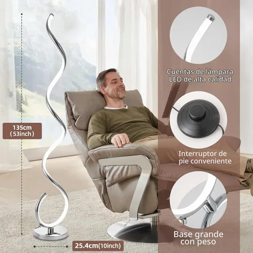 Vista 3 de Lámpara de pie LED en espiral para sala de estar, lámparas de pie modernas de 40 W con control remoto, 3 colores sin escalones, regulable, lámpara