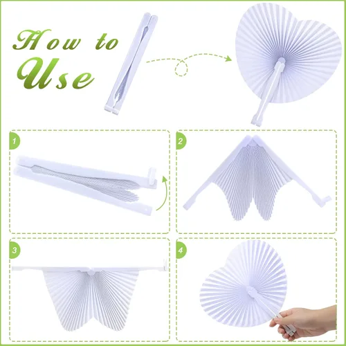 Vista 4 de Yulejo Paquete de 100 abanicos de papel plegables de boda a granel con forma de corazón blanco plegable personalizado con asas de plástico