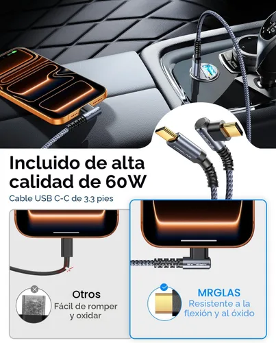 Vista 3 de 90W rápido iPhone 18/17 Pro Max cargador de coche USB C carga rápida con Negro