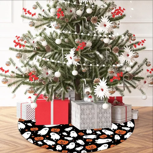 Vista 2 de Falda de árbol de Halloween, falda de árbol de calabazas fantasmas de Halloween, falda de árbol de Halloween de 48 pulgadas, tapete de árbol